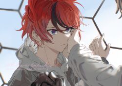 2boys aotsuki_eito black_gloves blue_eyes cursive drawstring fence gloves hair_between_eyes hand_on_another&#039;s_face hikarudaihuku holding_hands hood hoodie jacket male_focus multicolored_hair multiple_boys red_hair short_hair streaked_hair sumino_takumi the_hundred_line_-last_defense_academy- twitter_username white_hoodie yaoi