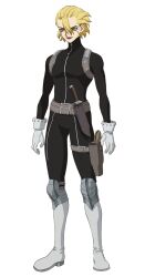 Rule 34 | 1boy, anime coloring, belt, black bodysuit, black lips, blonde hair, bodysuit, boots, brown belt, dr. stone, full body, gloves, gun, hair between eyes, handgun, highres, holding, holding knife, holster, holstered, iwase yuuko (artist), knee boots, knee guards, knife, long sleeves, looking at viewer, official art, short hair, simple background, smile, solo, standing, stanley snyder (dr.stone), thigh belt, thigh holster, thigh strap, transparent background, tsurime, weapon, white boots, white gloves
