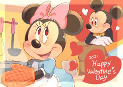 1boy 1girl animal_ears bow dress furry furry_female furry_male gloves hair_bow happy_valentine heart highres mickey_mouse mickey_mouse_&amp;_friends minnie_mouse mouse_boy mouse_ears mouse_girl open_mouth pink_bow red_eyes smile takatmaorange valentine