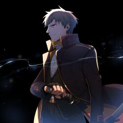1boy black_background black_coat black_pants closed_mouth coat fate/grand_order fate_(series) fingerless_gloves from_side gloves hagiography highres holding holding_sword holding_weapon light_particles looking_ahead male_focus pants saitou_hajime_(fate) short_hair solo sword weapon
