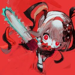1girl black_hair black_serafuku blood_from_forehead blunt_bangs bow bright_pupils canvas_texture chainsaw chibi chibi_only chouzetsusaikawa_tenshi-chan chouzetsusaikawa_tenshi-chan_(dark_angel) crazy_eyes frown full_body hair_bow highres holding holding_chainsaw looking_at_viewer multiple_hair_bows naishukketsukata needy_girl_overdose quad_tails red_background red_eyes red_hair school_uniform serafuku sidelocks solo walking walking_towards_viewer white_hair white_pupils