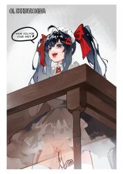 1girl absurdres black_dress black_hair blue_eyes dress egg_vibrator english_text highres long_hair maid maid_headdress object_insertion original public_indecency public_vibrator pussy pussy_juice sex_toy solo speech_bubble thighhighs twintails vaginal vaginal_object_insertion vibrator vibrator_in_thighhighs x-ray yeougui