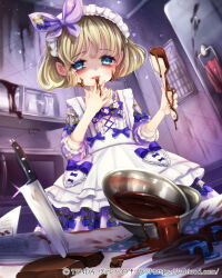 Rule 34 | 1girl, apron, blonde hair, blue eyes, book, bow, bowtie, calendar (object), candy, chocolate, chocolate heart, chocolate making, chocolate on face, commentary request, copyright name, copyright notice, cowboy shot, dress, food, food on face, frilled apron, frills, hair bow, hane segawa, heart, heart-shaped food, highres, holding, holding spatula, indoors, kitchen, kitchen knife, lolita fashion, looking at viewer, maid headdress, microwave, mixing bowl, official art, open book, oto koikawa, print bow, print dress, purple bow, purple bowtie, purple dress, raspberry print, recipe (object), refrigerator, shelf, short hair, sleeves rolled up, smile, solo, spatula, standing, tasting, tongue, tongue out, valentine, vampire blood, white apron