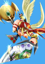 2girls angel angel_wings ass bare_legs blonde_hair blue_background blue_eyes blue_skin breasts colored_nipples colored_skin darcmon digimon digimon_(creature) digimon_frontier digimon_frontier:_kodai_digimon_fukkatsu!! diving female_focus glowing highres holding holding_sword holding_weapon huge_ass large_breasts mask mask_on_head masked multiple_girls murmukusmon nipples purple_nipples shiny_skin sparkle sword thick_thighs thighhighs thighs weapon wings yellow_eyes