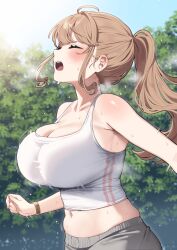1girl armpit_crease blush bouncing_breasts breasts brown_hair cleavage collarbone commentary_request day exercising exhausted grey_pants heavy_breathing highres kodama&#039;s_elder_sister_(sakura_yuki) large_breasts long_hair midriff navel open_mouth original outdoors pants ponytail sakura_yuki_(clochette) solo stomach sweat sweatdrop tank_top teeth upper_teeth_only white_tank_top