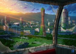 abandoned blue_sky broken_window building cloud commentary_request dilapidated ferris_wheel_interior highres moss mountain no_humans original overgrown post-apocalypse rust scenery ship sky sunset tokyogenso tower watercraft
