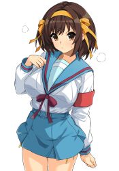 1girl absurdres armband bikini bikini_bottom_only bikini_under_skirt blue_sailor_collar blue_skirt breasts brown_eyes closed_mouth cowboy_shot hair_ribbon hairband haruhisky highres kita_high_school_uniform large_breasts long_sleeves looking_at_viewer medium_hair red_armband ribbon sailor_collar school_uniform serafuku side-tie_bikini_bottom simple_background skirt solo standing suzumiya_haruhi suzumiya_haruhi_no_yuuutsu swimsuit thighs white_background yellow_bikini yellow_hairband yellow_ribbon
