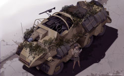 1girl adapted_uniform afrika_korps armored_personnel_carrier armored_vehicle belt black_hair boots dead-robot green_eyes gun hand_up jerry_can machine_gun mg42 midriff military military_uniform military_vehicle motor_vehicle navel original sdkfz_233 shadow short_hair shorts side-tie_skirt soldier solo watermark weapon world_war_ii