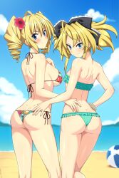 2girls ass ball bare_arms bare_shoulders beach beachball bikini blonde_hair blue_eyes blue_sky blush breasts closed_mouth cloud color_connection commentary day dimples_of_venus drill_hair english_commentary fang fang_out feet_out_of_frame female_focus floral_print_bikini flower frilled_bikini frills from_behind green_bikini hair_between_eyes hair_color_connection hair_flower hair_ornament hand_on_another&#039;s_hip hand_on_own_chest hibiscus high_school_dxd highres large_breasts lindaroze looking_at_viewer looking_back mittelt multiple_girls ocean outdoors paid_reward_available ravel_phenex red_flower ruffle_bikini shore side-tie_bikini_bottom sky small_breasts smile split_mouth standing string_bikini swimsuit trait_connection twin_drills underboob water