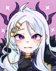 Rule 34 | 1girl, absurdres, ahoge, black coat, black gloves, blue archive, blush, coat, coat on shoulders, demon girl, demon horns, gloves, gombin, highres, hina (blue archive), horns, long hair, looking at viewer, purple eyes, solo, very long hair, white hair