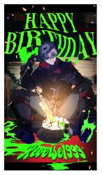 Rule 34 | 1boy, ambiguous green liquid, birthday cake, black boots, black coat, black sclera, blue eyes, boots, border, cake, candle, coat, colored sclera, copyright name, corded phone, dark background, food, food on face, full body, gloves, grey hair, grey pants, grin, hands up, happy birthday, head tilt, heterochromia, highres, holding, holding phone, knife, li ru (li ru), male focus, mask, mask on head, mismatched sclera, official alternate costume, pants, phone, red gloves, reverse:1999, short hair, sitting, smile, solo, spread legs, white border, x (breathing in silence) (reverse:1999), x (reverse:1999), yellow eyes