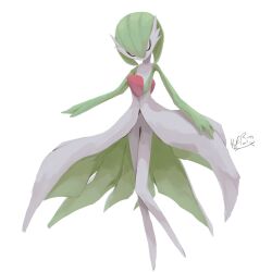 Rule 34 | bob cut, closed eyes, colored skin, commentary request, dress, gardevoir, gen 3 pokemon, green hair, green skin, highres, karaneko, multicolored skin, nintendo, pokemon, pokemon (creature), signature, simple background, two-tone skin, white background, white dress, white skin