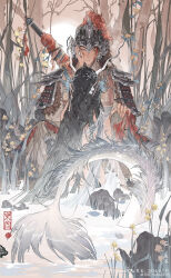1boy 1girl 2024 absurdres ajiu_nine_ajiu armor black_hair bleeding blood blue_eyes chinese_clothes chinese_commentary dated facing_away feathers flower from_behind gem gradient_hair hand_on_another&#039;s_cheek hand_on_another&#039;s_face helmet hetero highres horns incredibly_absurdres injury interspecies long_hair mermaid monster_girl multicolored_hair narrowed_eyes original partially_submerged pearl_(gemstone) shoulder_armor sun sunset sword tree very_long_hair warrior water watermark weapon weibo_watermark winged_helmet