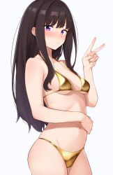 1girl bikini black_hair breasts commentary_request cowboy_shot gold_bikini hand_on_own_stomach hand_up highres inoue_takina long_hair lycoris_recoil mobukichi navel partial_commentary purple_eyes simple_background small_breasts solo stomach swimsuit v v-shaped_eyebrows very_long_hair white_background