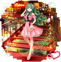 1girl adjusting_hair alternate_costume alternate_hairstyle bag bare_arms bare_legs bare_shoulders blush bow bracelet breasts brick_wall brown_bow brown_sash candle closed_mouth clutch_purse collarbone dress frilled_dress frills frog_hair_ornament full_body game_cg green_eyes green_hair hair_between_eyes hair_ornament heart high_heels highres holding holding_bag indoors jewelry kochiya_sanae kochiya_sanae_(nighttime_breath_of_fresh_air) legs long_hair looking_at_viewer neon_lights nightclub official_art pink_dress pleated_dress pocketbook railing ringlets rotte_(1109) sash short_dress short_sleeves sidelocks smile snake_hair_ornament solo stairs star_(symbol) third-party_source toes touhou touhou_lostword transparent_background very_long_hair walking wavy_hair
