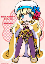 1girl 2012 blonde_hair blue_eyes blue_flower blush boots brown_cape cape character_name closed_mouth commentary_request copyright_name dress flower fur-trimmed_cape fur_trim gold_trim hat hat_flower long_hair looking_at_viewer pink_background purple_boots purple_dress ragnarok_online red_flower short_dress sitting smile solo tam_(ragnarok_online) white_hat wizard_(ragnarok_online) yazawa_kazuki