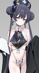 1girl aged_up alternate_breast_size bikini black_hair blue_archive blue_bow bow breasts butterfly_hair_ornament closed_mouth dishwasher1910 double_bun earrings gluteal_fold grey_background grey_eyes hair_bun hair_ornament hat highres id_card jewelry kisaki_(blue_archive) large_breasts light_blush looking_to_the_side micro_bikini nurse_cap pinstripe_jacket pinstripe_pattern sideboob simple_background string_bikini swimsuit underboob