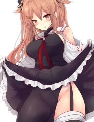 1girl absurdres asymmetrical_clothes black_ribbon black_serafuku blush breasts brown_eyes brown_hair cameltoe clothes_lift cowboy_shot gloves gradient_hair hair_between_eyes hair_flaps hair_ornament hair_ribbon hairclip heterochromia highres hirune_(konekonelkk) kantai_collection large_breasts lifting_own_clothes long_hair looking_at_viewer multicolored_hair murasame_(kancolle) murasame_kai_ni_(kancolle) neckerchief no panties partial_bodysuit red_eyes ribbon school_uniform serafuku skirt skirt_lift smile solo two_side_up underwear white_background white_panties
