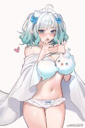 1girl absurdres ahoge aqua_hair artist_name blush bow bow_panties breasts cape cleavage commentary commission convenient_censoring cowboy_shot english_commentary evangellium four-finger_heart_hands frilled_panties frills gradient_hair green_hair hair_bow hair_ornament heart heart_hands highres hitodama indie_virtual_youtuber looking_at_viewer maid_headdress medium_hair mint_fantome multicolored_hair navel off_shoulder open_mouth panties pointy_ears simple_background solo stomach thighs triangular_headpiece two_side_up underwear virtual_youtuber white_background white_cape white_hair white_panties wisps_(mint_fantome) x_hair_ornament
