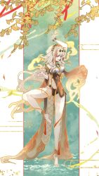 Rule 34 | 1girl, absurdres, arm up, barefoot, bell, blonde hair, branch, breasts, brown dress, brown hat, commentary, dress, english commentary, eyewear on head, foot up, full body, green background, hair ornament, hand up, hat, highres, honkai (series), honkai impact 3rd, long hair, mimkmo, multicolored background, multicolored hair, nail polish, official alternate costume, official art, orange hair, orange nails, second-party source, smile, solo, songque, songque (jovial deception: shadowdimmer), streaked hair, sunglasses, thumb ring, tiptoes, two side up, very long hair, white background