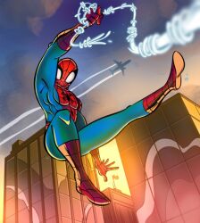 1boy aircraft airplane animal_print blue_bodysuit bodysuit building city cityscape dawn holding male_focus marvel marvel_snap mike_krahulik official_alternate_costume official_art penny_arcade peter_parker print_bodysuit red_bodysuit silk skyline skyscraper solo spider-man spider-man_(series) spider_print spider_web spider_web_print superhero_costume two-tone_bodysuit web_shooter