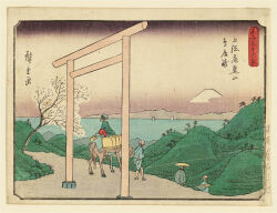 19th_century 2boys 2girls ando_hiroshige bald blue_kimono cherry_blossoms facing_away gate gradient_sky green_kimono hat highres horse horseback_riding japan japanese_clothes kimono landscape mount_fuji mountain multiple_boys multiple_girls ocean original outdoors purple_sky riding sandals scenery sky straw_hat thirty-six_views_of_mount_fuji_(hiroshige) torii traditional_media translation_request tree volcano water