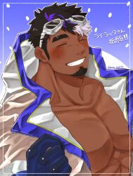 1boy bara blue_background blush closed_eyes collarbone dark-skinned_male dark_skin facial_hair goatee goggles goggles_on_headwear grin highres katou_hsm153 large_pectorals lilac_(live_a_hero) live_a_hero male_focus muscular muscular_male pectorals short_hair sideburns smile solo thick_eyebrows translation_request twitter_username upper_body