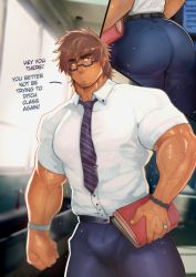 1boy ass bara book bracelet bulge classroom glasses highres holding holding_book huge_ass jewelry male_focus muscular muscular_male original pectorals ring robokeh shirt_tucked_in solo solo_focus teacher watch