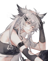 1girl animal_ears arknights artist_name bandeau bare_shoulders black_choker black_gloves breasts choker fingerless_gloves gloves grey_eyes grey_hair hair_between_eyes hair_ornament hairclip highres jiujiangzi_benren lappland_(arknights) long_hair medium_breasts messy_hair midriff navel one_eye_closed parted_lips scar scar_across_eye scar_on_face simple_background sitting solo stomach strapless tube_top upper_body watermark white_background wolf_ears