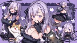 1girl :q ahoge asymmetrical_bangs bare_shoulders black_bow black_cat black_dress black_gloves black_ribbon black_thighhighs blush bow breasts cat chain chibi cleavage cleavage_cutout clothing_cutout commentary cross dress drooling english_commentary frilled_dress frilled_sleeves frilled_thigh_strap frills garter_straps gloves hair_ornament hair_ribbon hand_up heart heart-shaped_pupils highres ichiko_1234 indie_virtual_youtuber large_breasts long_hair long_sleeves looking_at_viewer mouth_drool multiple_cats multiple_views one_eye_closed open_mouth purple_background purple_eyes purple_hair ribbon sitting skydarc_(vtuber) smile sparkle sweat sword_earrings symbol-shaped_pupils thigh_strap thighhighs tongue tongue_out very_long_hair virtual_youtuber wariza yawning