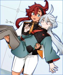 2girls asticassia_school_uniform black_hairband black_pantyhose blue_eyes blush carrying closed_mouth commentary_request green_jacket green_shorts grey_eyes gundam gundam_suisei_no_majo hairband highres jacket jappo long_hair miorine_rembran multiple_girls open_mouth pantyhose ponytail princess_carry red_hair school_uniform shorts smile suletta_mercury thick_eyebrows translation_request white_hair white_jacket white_shorts yuri