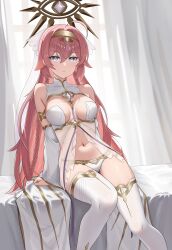 Rule 34 | 1girl, absurdres, ahoge, armlet, bare shoulders, between breasts, bikini, blue eyes, braid, breasts, circlet, cleavage, clip studio paint (medium), commentary, covered collarbone, detached sleeves, dress, epic seven, gold trim, hair between eyes, hair flaps, halo, highres, indoors, ir who, jewelry, long hair, looking at viewer, medium breasts, navel, on bed, parted lips, pink hair, revealing clothes, see-through clothes, see-through dress, shadow, sidelocks, sitting, sleeveless, sleeveless dress, solo, stomach, strap between breasts, swimsuit, tenebria (epic seven), thighhighs, veil, very long hair, white bikini, white dress, white sleeves, white thighhighs, wide sleeves, witch of the mere tenebria (epic seven)