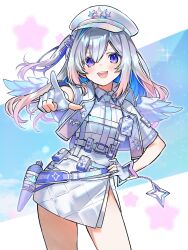 1girl amane_kanata amane_kanata_(heavenly_guard_mission) angel_wings belt_pouch blue_hair blue_necktie blue_wings blush chest_harness collared_dress colored_inner_hair contrapposto double-parted_bangs dress feathered_wings gloves gradient_wings grey_hair gun hand_on_own_hip harness hat highres hololive holstered jacket long_hair looking_at_viewer mini_wings multicolored_hair multicolored_wings necktie official_alternate_costume official_alternate_hairstyle one_side_up open_mouth partially_fingerless_gloves peaked_cap pink_hair pointing pointing_at_viewer police police_hat police_uniform policewoman pouch purple_eyes quilted_clothes short-sleeved_jacket short_dress short_sleeves side_slit solo virtual_youtuber walkie-talkie weapon white_dress white_gloves white_hat wings yubari_warabi