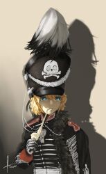 Rule 34 | 1girl, absurdres, ala koli, black cape, black hat, black shirt, blonde hair, blue eyes, cape, dated, fur scarf, hat, hat feather, hat ornament, headwear request, highres, holding, holding smoking pipe, imperial german army, long sleeves, original, pipe in mouth, shirt, short hair, signature, skull hat ornament, smoking pipe, solo