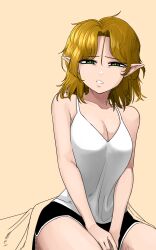 1girl absurdres alternate_costume black_shorts blonde_hair breasts camisole cleavage commentary_request cowboy_shot dolphin_shorts green_eyes half-closed_eyes highres looking_at_viewer medium_breasts messy_hair mizuhashi_parsee parted_bangs parted_lips pointy_ears short_hair shorts simple_background solo_focus touhou white_camisole yellow_background yokozuna_iwashi