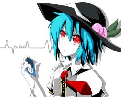 1girl adi_a alternate_hairstyle blue_hair cardiogram digital_media_player earphones female_focus food fruit hat hinanawi_tenshi ipod leaf necktie peach pia_(botamochinjufu) red_eyes short_sleeves solo touhou
