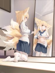 1girl absurdres alternate_costume animal_ears arknights belly black_sailor_collar black_skirt blonde_hair blue_neckerchief chinese_commentary closed_mouth clothes_lift commentary_request full_body green_eyes highres indoors kneeling lifting_own_clothes long_hair long_sleeves looking_at_mirror midriff miniskirt mirror multicolored_hair multiple_tails navel neckerchief no_shoes panties panties_under_pantyhose pantyhose pleated_skirt plump profile sailor_collar school_uniform serafuku shirt shirt_lift skirt soles solo streaked_hair suzuran_(arknights) tail tansankuu underwear white_hair white_panties white_pantyhose white_shirt white_tail yellow_tail
