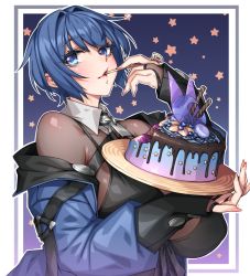 1girl bikini birthday_cake black_bikini blue_eyes blue_hair blush bodystocking breasts bridal_gauntlets cake collar eating fingernails food highres jacket large_breasts looking_at_viewer naidong naidong_(artist) original parted_lips short_hair solo star_(symbol) star_symbol_background swimsuit upper_body