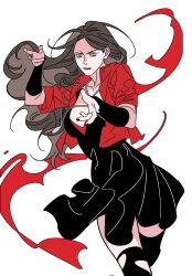 1girl arm_warmers avengers:_age_of_ultron avengers_(series) black_dress black_nails black_thighhighs breasts brown_hair closed_mouth collarbone commentary_request cowboy_shot dress fingernails floating_hair green_eyes hands_up highres jacket jewelry karmaho korean_commentary lapels large_breasts long_hair long_sleeves looking_at_viewer magic marvel marvel_cinematic_universe nail_polish necklace open_clothes open_jacket red_jacket red_lips simple_background solo standing thighhighs torn_clothes torn_thighhighs v-shaped_eyebrows wanda_maximoff wavy_hair white_background