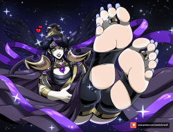 1girl barefoot black_hair feet hades_(series) hades_1 highres long_toenails mostlyfunstuff nyx_(hades) soles solo stirrup_legwear toeless_legwear toenails toes yellow_eyes