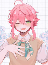 1boy ;d ahoge androgynous arm_at_side bow bowtie brown_sweater_vest c54chu0113 collared_shirt cowlick double-parted_bangs ensemble_stars! fang flipped_hair floral_background green_bow green_bowtie green_eyes grid_background hair_between_eyes hand_on_own_chest hand_up happy highres himemiya_tori light_blush looking_ahead looking_at_viewer male_focus one_eye_closed open_mouth outline pale_skin pink_hair print_bow print_bowtie puffy_short_sleeves puffy_sleeves shirt short_hair_with_long_locks short_sleeves sidelocks skin_fang smile sparkle sparkling_aura sweater_vest two-tone_bow two-tone_bowtie upper_body white_background white_outline white_shirt wing_collar yellow_bow yellow_bowtie
