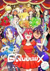 5girls 6+boys amate_yuzuriha amuro_ray aqua_eyes beard bindi black_hair blonde_hair blue_dress blue_eyes blue_hair blush breasts brown_hair challia_bull char&#039;s_counterattack char_aznable closed_mouth collared_shirt colored_inner_hair comoli_harcourt conch_(gundam) copyright_name dark-skinned_female dark_skin double_bun dress dual_persona facial_hair flower forehead formal_clothes green_eyes green_hair gundam gundam_gquuuuuux hair_bun hair_over_one_eye haro hat highres holding jacket lalah_sune long_hair long_sleeves looking_at_viewer mecha_pilot_suit mole mole_under_eye mole_under_mouth multicolored_hair multiple_boys multiple_girls mustache necktie normal_suit_(gundam) nyaan_(gundam_gquuuuuux) open_mouth purple_hair red_dress red_eyes red_hair science_fiction shirouzu_(gundam) shirt short_hair short_sleeves shuji_ito sleeveless smile suit sunglasses tsudzumiya_mare two-tone_hair xavier_olivette yellow_dress yellow_eyes
