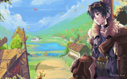 00s 1boy 2008 aircraft airplane bad_deviantart_id bad_id blue_hair choker day elbow_gloves game_arts gloves goggles grandia grandia_iii hair_over_one_eye highres house lake male_focus river scenery short_hair signature sitting sky sleeveless solo teddypocky tree village yuki_(grandia) yuki_(grandia_iii)