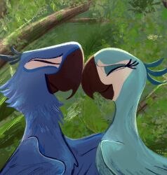 1boy 1girl beak bird blu_(rio) blue_bird closed_eyes closed_mouth commentary facing_another from_side highres jewel_(rio) ku_260211 macaw no_humans parrot rio_(movie) upper_body