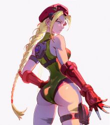 Rule 34 | 1girl, ass, beret, blonde hair, blue eyes, bodypaint, braid, breasts, cammy white, closed mouth, commentary, english commentary, fingerless gloves, gloves, green leotard, hat, highleg, highleg leotard, highres, large breasts, leotard, long hair, looking at viewer, overwatch, road 233, scar, solo, street fighter, thighs, thong leotard, widowmaker (overwatch)