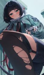 1girl absurdres black_gloves black_hair black_shorts black_thighhighs blunt_bangs cityscape closed_mouth commentary_request fingerless_gloves from_below fur-trimmed_jacket fur_trim gloves green_eyes green_jacket highres jacket jane_doe_(zenless_zone_zero) korean_commentary long_hair looking_at_viewer mouse_girl multicolored_hair pantyhose red_hair shorts single_thighhigh smile solo starblue tail thighhighs torn_clothes torn_pantyhose torn_thighhighs two-tone_hair zenless_zone_zero