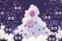 :o balloon black_eyes blush_stickers cloud floating gordo highres holding holding_balloon kirby kirby_(series) nintendo no_humans pixel_art spikes surrounded suyasuyabi