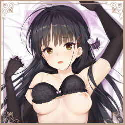 1girl arm_up armpits artist_name bare_shoulders bed_sheet black_bra black_gloves black_hair blush border bra braid breasts brown_border cafe_stella_to_shinigami_no_chou collarbone covering_one_breast covering_privates dakimakura_(medium) earrings elbow_gloves flower frilled_bra frills gloves hair_flower hair_ornament hair_spread_out haku89 highres jewelry long_hair lying medium_breasts mole mole_under_eye nipples on_back on_bed open_mouth rose sheet_grab shiki_natsume side_braid solo stud_earrings underwear upper_body white_flower white_rose yellow_eyes