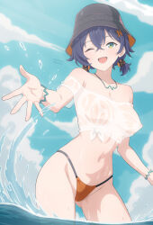 1girl absurdres audirenze bare_shoulders belle_(summer_skies)_(zenless_zone_zero) belle_(zenless_zone_zero) bikini blue_eyes blue_hair breasts cameltoe cloud cloudy_sky collarbone covered_navel crop_top gluteal_fold hat highres looking_at_viewer low_twintails medium_breasts navel ocean off-shoulder_shirt off_shoulder one_eye_closed one_side_up open_mouth shirt sky solo splashing standing stomach swimsuit twintails wet wet_clothes zenless_zone_zero