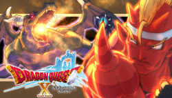 1boy 1other black_background blonde_hair border breath_weapon breathing_fire brown_border colored_sclera colored_skin commentary_request copyright_logo copyright_name creature_request dragon dragon_quest dragon_quest_ix dragon_quest_x fire frown glowing gold_border headband highres horns imminent_fight looking_to_the_side mohawk muscular muscular_male open_mouth pink_eyes pointy_ears red_horns red_sclera red_skin shoulder_spikes spikes tsukimi_(eyhyexx) upper_body white_headband white_horns zubo_(dq9)